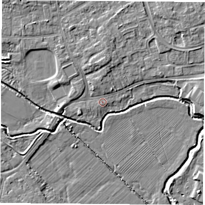 Shaded relief map of the ground around NG96EG, computed from Environment Agency LiDAR. The ground here sits at about 29 m above sea level and falls 5 m across the surrounding 800 m. Surface water reaching this point runs off ground lying to the north, 2.6 m higher.