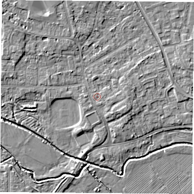 Shaded relief map of the ground around NG96EH, computed from Environment Agency LiDAR. The ground here sits at about 30 m above sea level and falls 6 m across the surrounding 800 m. Surface water reaching this point runs off ground lying to the east-south-east, 1.1 m higher.