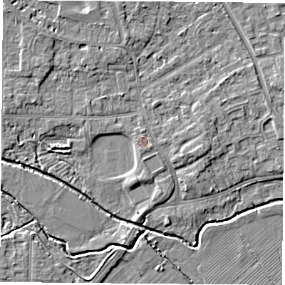 Shaded relief map of the ground around NG96EL, computed from Environment Agency LiDAR. The ground here sits at about 30 m above sea level and falls 6 m across the surrounding 800 m. Surface water reaching this point runs off ground lying to the south-east, 0.7 m higher.