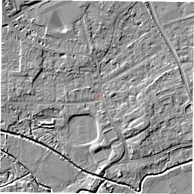 Shaded relief map of the ground around NG96EN, computed from Environment Agency LiDAR. The ground here sits at about 29 m above sea level and falls 7 m across the surrounding 800 m. Surface water reaching this point runs off ground lying to the north-west, 1.9 m higher.
