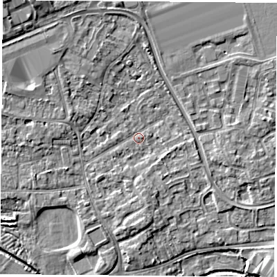 Shaded relief map of the ground around NG96EP, computed from Environment Agency LiDAR. The ground here sits at about 29 m above sea level and falls 8 m across the surrounding 800 m. Surface water reaching this point runs off ground lying to the south, 2.0 m higher.