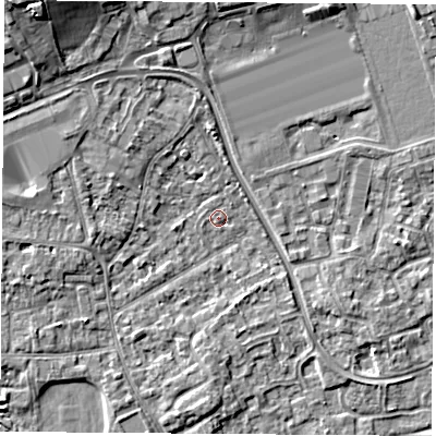 Shaded relief map of the ground around NG96EQ, computed from Environment Agency LiDAR. The ground here sits at about 29 m above sea level and falls 9 m across the surrounding 800 m. Surface water reaching this point runs off ground lying to the west-south-west, 2.4 m higher.