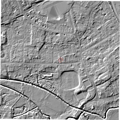 Shaded relief map of the ground around NG96ES, computed from Environment Agency LiDAR. The ground here sits at about 30 m above sea level and falls 8 m across the surrounding 800 m. Surface water reaching this point runs off ground lying to the north, 0.6 m higher.