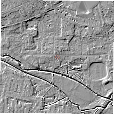 Shaded relief map of the ground around NG96EW, computed from Environment Agency LiDAR. The ground here sits at about 31 m above sea level and falls 8 m across the surrounding 800 m. Surface water reaching this point runs off ground lying to the west-north-west, 1.1 m higher.