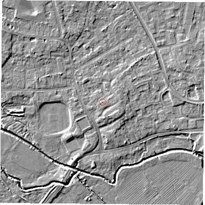 Shaded relief map of the ground around NG96FG, computed from Environment Agency LiDAR. The ground here sits at about 30 m above sea level and falls 6 m across the surrounding 800 m. Surface water reaching this point runs off ground lying to the east, 0.9 m higher.