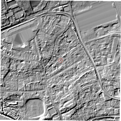 Shaded relief map of the ground around NG96FP, computed from Environment Agency LiDAR. The ground here sits at about 29 m above sea level and falls 9 m across the surrounding 800 m. Surface water reaching this point runs off ground lying to the west, 3.2 m higher.