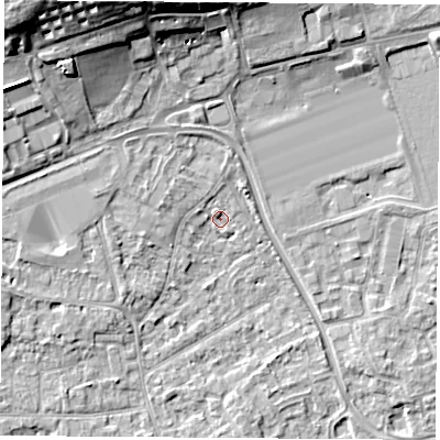 Shaded relief map of the ground around NG96FQ, computed from Environment Agency LiDAR. The ground here sits at about 29 m above sea level and falls 15 m across the surrounding 800 m. Surface water reaching this point runs off ground lying to the west-south-west, 2.8 m higher.