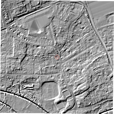 Shaded relief map of the ground around NG96FR, computed from Environment Agency LiDAR. The ground here sits at about 29 m above sea level and falls 8 m across the surrounding 800 m. Surface water reaching this point runs off ground lying to the north-west, 6.3 m higher.