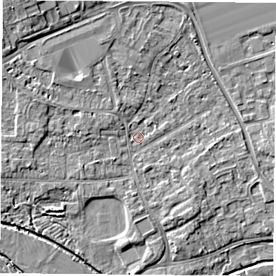 Shaded relief map of the ground around NG96FS, computed from Environment Agency LiDAR. The ground here sits at about 29 m above sea level and falls 8 m across the surrounding 800 m. Surface water reaching this point runs off ground lying to the north-west, 5.6 m higher.