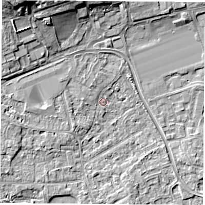 Shaded relief map of the ground around NG96FT, computed from Environment Agency LiDAR. The ground here sits at about 30 m above sea level and falls 14 m across the surrounding 800 m. Surface water reaching this point runs off ground lying to the north-west, 13.1 m higher.