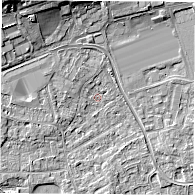 Shaded relief map of the ground around NG96FU, computed from Environment Agency LiDAR. The ground here sits at about 29 m above sea level and falls 13 m across the surrounding 800 m. Surface water reaching this point runs off ground lying to the west, 2.9 m higher.