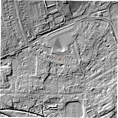 Shaded relief map of the ground around NG96GA, computed from Environment Agency LiDAR. The ground here sits at about 31 m above sea level and falls 10 m across the surrounding 800 m. Surface water reaching this point runs off ground lying to the west-north-west, 2.5 m higher.
