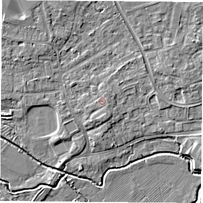 Shaded relief map of the ground around NG96GP, computed from Environment Agency LiDAR. The ground here sits at about 30 m above sea level and falls 5 m across the surrounding 800 m. Surface water reaching this point runs off ground lying to the east-south-east, 0.8 m higher.