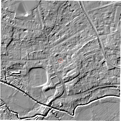 Shaded relief map of the ground around NG96GR, computed from Environment Agency LiDAR. The ground here sits at about 29 m above sea level and falls 6 m across the surrounding 800 m. Surface water reaching this point runs off ground lying to the east-south-east, 1.4 m higher.