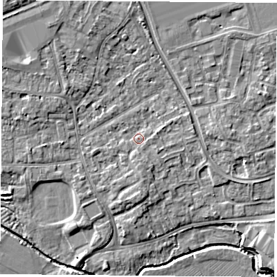 Shaded relief map of the ground around NG96GS, computed from Environment Agency LiDAR. The ground here sits at about 29 m above sea level and falls 6 m across the surrounding 800 m. Surface water reaching this point runs off ground lying to the south, 2.0 m higher.