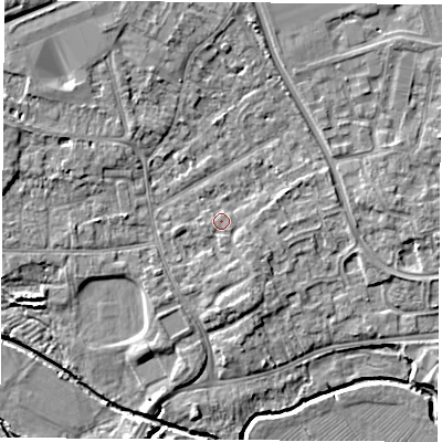 Shaded relief map of the ground around NG96GT, computed from Environment Agency LiDAR. The ground here sits at about 30 m above sea level and falls 7 m across the surrounding 800 m. Surface water reaching this point runs off ground lying to the south-south-east, 2.0 m higher.