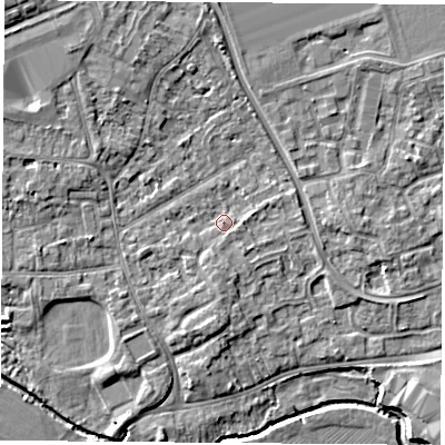 Shaded relief map of the ground around NG96GU, computed from Environment Agency LiDAR. The ground here sits at about 29 m above sea level and falls 6 m across the surrounding 800 m. Surface water reaching this point runs off ground lying to the south, 2.0 m higher.