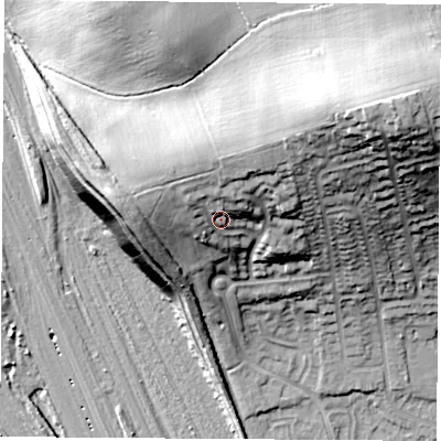 Shaded relief map of the ground around NG96LL, computed from Environment Agency LiDAR. The ground here sits at about 52 m above sea level and falls 35 m across the surrounding 800 m. Surface water reaching this point runs off ground lying to the north, 6.8 m higher.