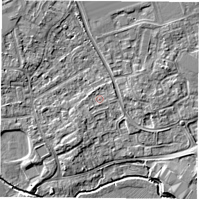 Shaded relief map of the ground around NG96NA, computed from Environment Agency LiDAR. The ground here sits at about 30 m above sea level and falls 5 m across the surrounding 800 m. Surface water reaching this point runs off ground lying to the east-north-east, 0.8 m higher.