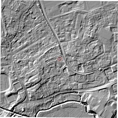 Shaded relief map of the ground around NG96NB, computed from Environment Agency LiDAR. The ground here sits at about 30 m above sea level and falls 5 m across the surrounding 800 m. Surface water reaching this point runs off ground lying to the west, 0.5 m higher.