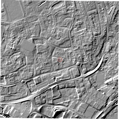 Shaded relief map of the ground around NG96NF, computed from Environment Agency LiDAR. The ground here sits at about 28 m above sea level and falls 5 m across the surrounding 800 m. Surface water reaching this point runs off ground lying to the west-north-west, 2.3 m higher.