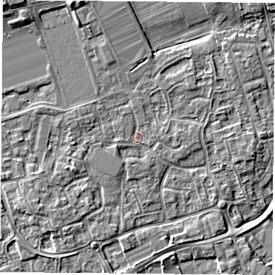 Shaded relief map of the ground around NG96NG, computed from Environment Agency LiDAR. The ground here sits at about 29 m above sea level and falls 6 m across the surrounding 800 m. Surface water reaching this point runs off ground lying to the west-south-west, 1.0 m higher.