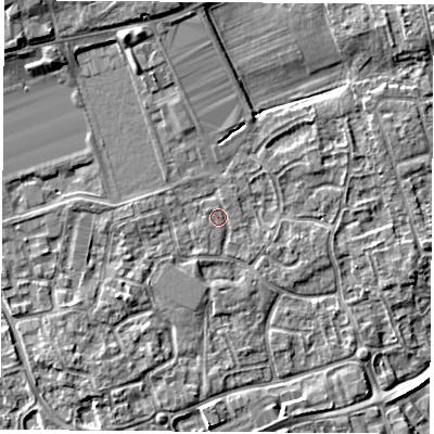 Shaded relief map of the ground around NG96NH, computed from Environment Agency LiDAR. The ground here sits at about 29 m above sea level and falls 6 m across the surrounding 800 m. Surface water reaching this point runs off ground lying to the west, 1.3 m higher.
