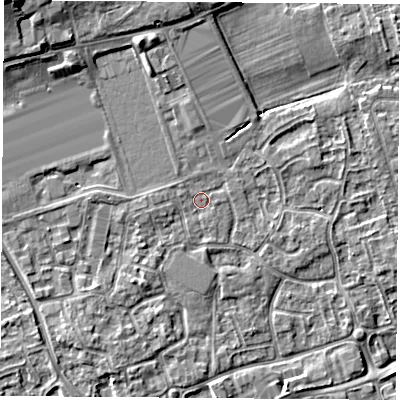 Shaded relief map of the ground around NG96NJ, computed from Environment Agency LiDAR. The ground here sits at about 29 m above sea level and falls 8 m across the surrounding 800 m. Surface water reaching this point runs off ground lying to the west-south-west, 1.2 m higher.