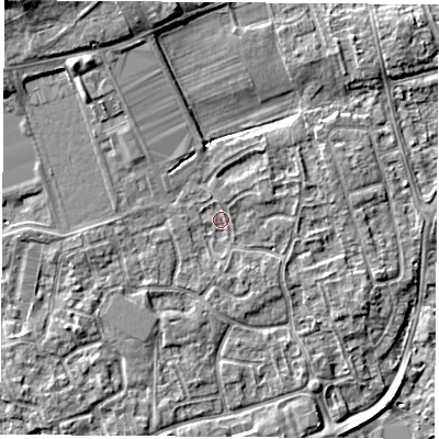 Shaded relief map of the ground around NG96NL, computed from Environment Agency LiDAR. The ground here sits at about 29 m above sea level and falls 7 m across the surrounding 800 m. Surface water reaching this point runs off ground lying to the north-west, 5.4 m higher.