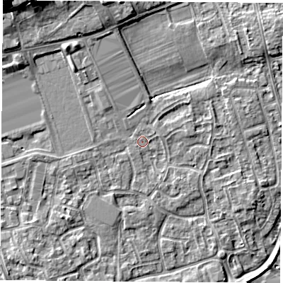 Shaded relief map of the ground around NG96NP, computed from Environment Agency LiDAR. The ground here sits at about 29 m above sea level and falls 12 m across the surrounding 800 m. Surface water reaching this point runs off ground lying to the north-west, 8.8 m higher.