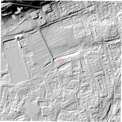Shaded relief map of the ground around NG96NQ, computed from Environment Agency LiDAR. The ground here sits at about 29 m above sea level and falls 23 m across the surrounding 800 m. Surface water reaching this point runs off ground lying to the east, 1.6 m higher.
