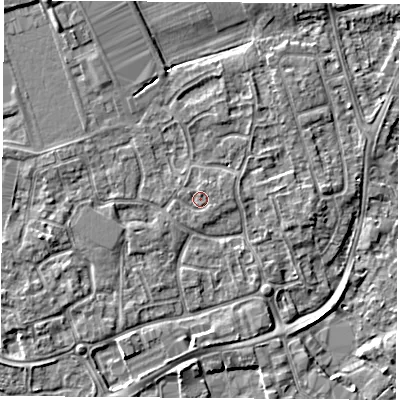 Shaded relief map of the ground around NG96NR, computed from Environment Agency LiDAR. The ground here sits at about 29 m above sea level and falls 5 m across the surrounding 800 m. Surface water reaching this point runs off ground lying to the north, 0.9 m higher.