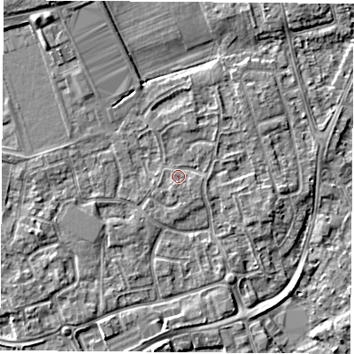 Shaded relief map of the ground around NG96NT, computed from Environment Agency LiDAR. The ground here sits at about 29 m above sea level and falls 5 m across the surrounding 800 m. Surface water reaching this point runs off ground lying to the south-south-west, 0.9 m higher.