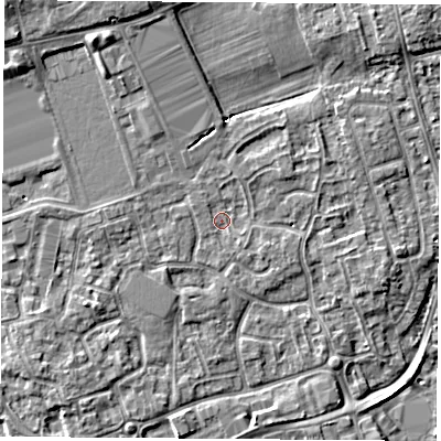 Shaded relief map of the ground around NG96NW, computed from Environment Agency LiDAR. The ground here sits at about 29 m above sea level and falls 6 m across the surrounding 800 m. Surface water reaching this point runs off ground lying to the south-east, 0.8 m higher.