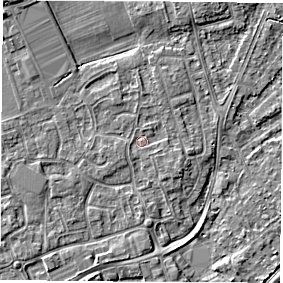 Shaded relief map of the ground around NG96NX, computed from Environment Agency LiDAR. The ground here sits at about 29 m above sea level and falls 5 m across the surrounding 800 m. Surface water reaching this point runs off ground lying to the north-west, 3.4 m higher.