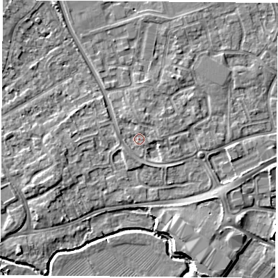 Shaded relief map of the ground around NG96PZ, computed from Environment Agency LiDAR. The ground here sits at about 29 m above sea level and falls 5 m across the surrounding 800 m. Surface water reaching this point runs off ground lying to the north-north-east, 1.8 m higher.