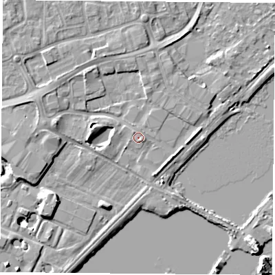 Shaded relief map of the ground around NG96QG, computed from Environment Agency LiDAR. The ground here sits at about 28 m above sea level and falls 10 m across the surrounding 800 m. Surface water reaching this point runs off ground lying to the south-south-east, 0.7 m higher.
