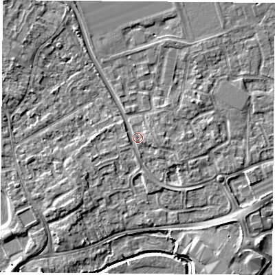 Shaded relief map of the ground around NG96RA, computed from Environment Agency LiDAR. The ground here sits at about 29 m above sea level and falls 5 m across the surrounding 800 m. Surface water reaching this point runs off ground lying to the south-south-east, 1.7 m higher.
