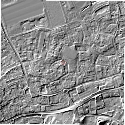 Shaded relief map of the ground around NG96RD, computed from Environment Agency LiDAR. The ground here sits at about 29 m above sea level and falls 4 m across the surrounding 800 m. Surface water reaching this point runs off ground lying to the west-south-west, 1.9 m higher.