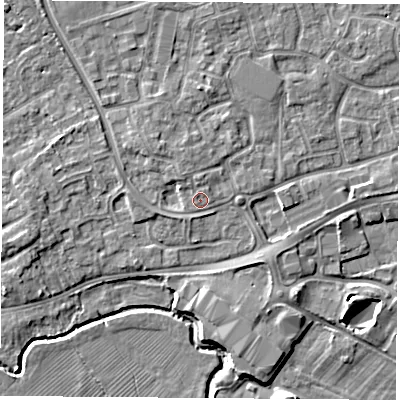 Shaded relief map of the ground around NG96RG, computed from Environment Agency LiDAR. The ground here sits at about 29 m above sea level and falls 5 m across the surrounding 800 m. Surface water reaching this point runs off ground lying to the north-west, 1.8 m higher.