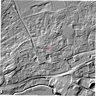Shaded relief map of the ground around NG96RJ, computed from Environment Agency LiDAR. The ground here sits at about 30 m above sea level and falls 5 m across the surrounding 800 m. Surface water reaching this point runs off ground lying to the north-west, 0.7 m higher.