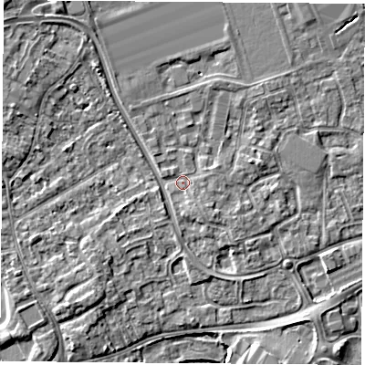 Shaded relief map of the ground around NG96RS, computed from Environment Agency LiDAR. The ground here sits at about 29 m above sea level and falls 6 m across the surrounding 800 m. Surface water reaching this point runs off ground lying to the east-north-east, 1.7 m higher.