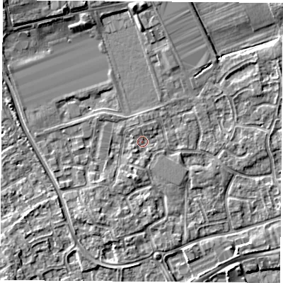 Shaded relief map of the ground around NG96RU, computed from Environment Agency LiDAR. The ground here sits at about 29 m above sea level and falls 7 m across the surrounding 800 m. Surface water reaching this point runs off ground lying to the north, 0.8 m higher.