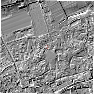 Shaded relief map of the ground around NG96RW, computed from Environment Agency LiDAR. The ground here sits at about 29 m above sea level and falls 6 m across the surrounding 800 m. Surface water reaching this point runs off ground lying to the north-west, 1.0 m higher.
