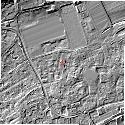 Shaded relief map of the ground around NG96RY, computed from Environment Agency LiDAR. The ground here sits at about 29 m above sea level and falls 8 m across the surrounding 800 m. Surface water reaching this point runs off ground lying to the south-east, 1.6 m higher.
