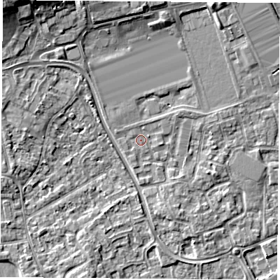 Shaded relief map of the ground around NG96RZ, computed from Environment Agency LiDAR. The ground here sits at about 29 m above sea level and falls 10 m across the surrounding 800 m. Surface water reaching this point runs off ground lying to the west-north-west, 0.6 m higher.