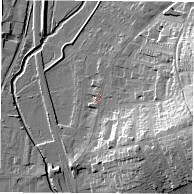 Shaded relief map of the ground around NG97AY, computed from Environment Agency LiDAR. The ground here sits at about 38 m above sea level and falls 28 m across the surrounding 800 m. Surface water reaching this point runs off ground lying to the east, 22.6 m higher.