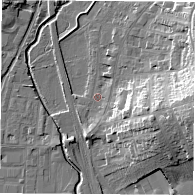 Shaded relief map of the ground around NG97BD, computed from Environment Agency LiDAR. The ground here sits at about 36 m above sea level and falls 26 m across the surrounding 800 m. Surface water reaching this point runs off ground lying to the east, 22.8 m higher.