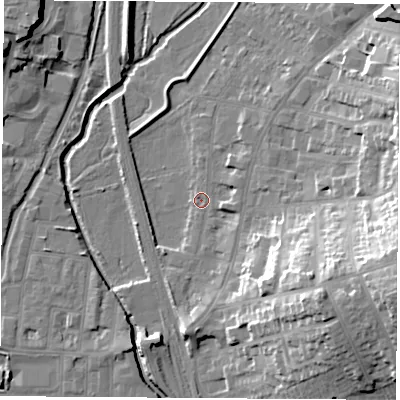 Shaded relief map of the ground around NG97BE, computed from Environment Agency LiDAR. The ground here sits at about 36 m above sea level and falls 26 m across the surrounding 800 m. Surface water reaching this point runs off ground lying to the east-north-east, 14.1 m higher.