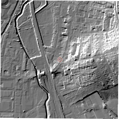 Shaded relief map of the ground around NG97BG, computed from Environment Agency LiDAR. The ground here sits at about 37 m above sea level and falls 26 m across the surrounding 800 m. Surface water reaching this point runs off ground lying to the east, 19.4 m higher.